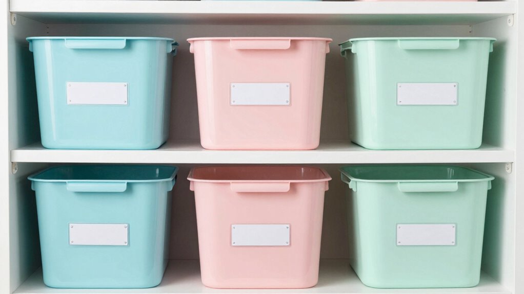 colorful bins with labels